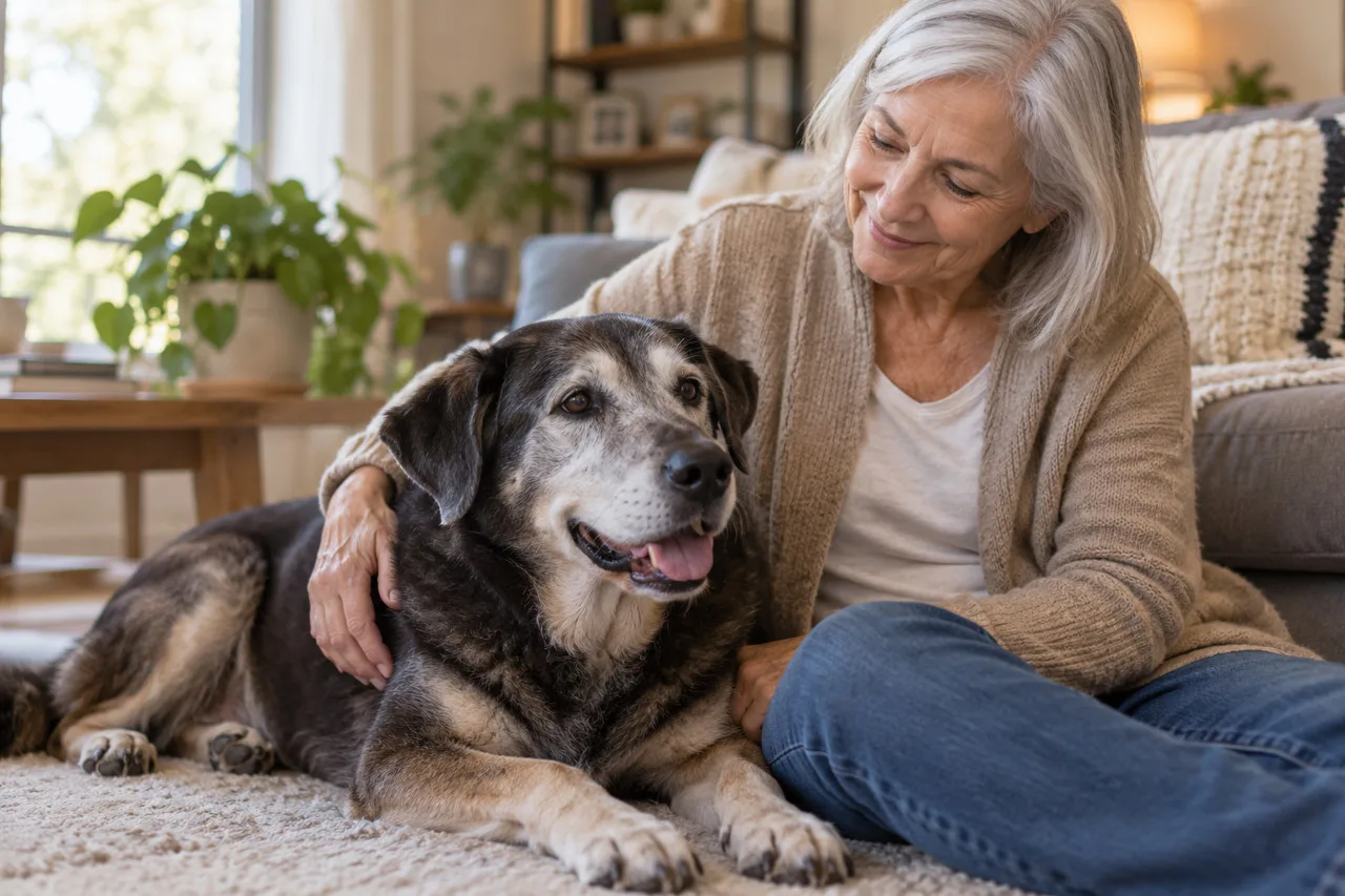 Gray-muzzled dark dog resting beside its owner on a rug
