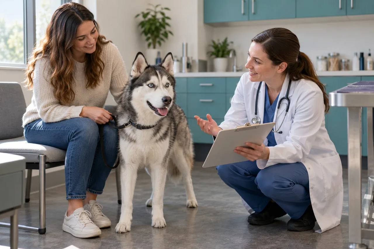 Owner and veterinarian talking beside a gray-and-white dog in a clinic